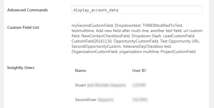 Screen shot showing Ninja Forms' new Display Account Data function